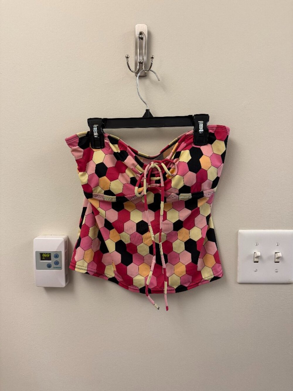 pink and orange strapless tankini top